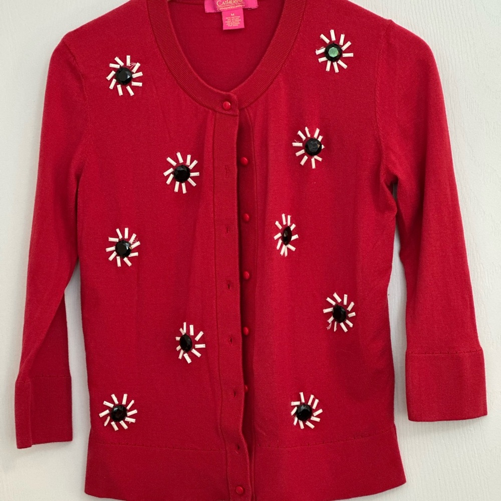 Catherines Red Cardigan with Floral Embellishments